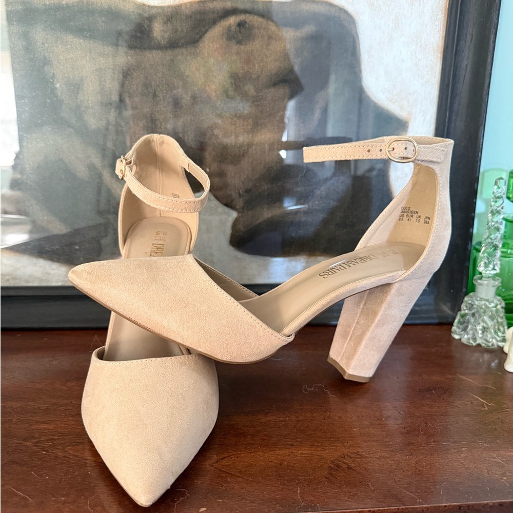 Women's Pointed-Toe Ankle Strap Block Heel Pumps - Nude